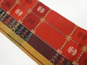 手織り紬変わり格子に幾何学模様織出し名古屋帯